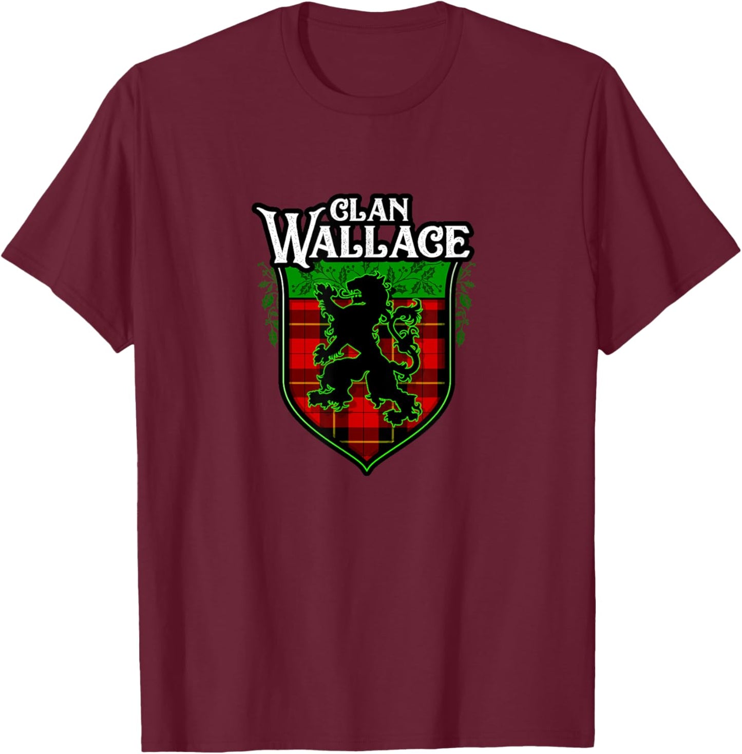 Clan Wallace Surname Scottish Clan Lion Rampant Tartan T-Shirt - T-Shirt | Maroon