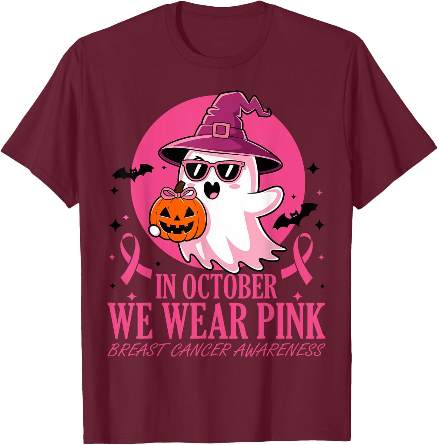 In October We Wear Pink Breast Cancer Awareness Halloween T-Shirt - T-Shirt | Maroon