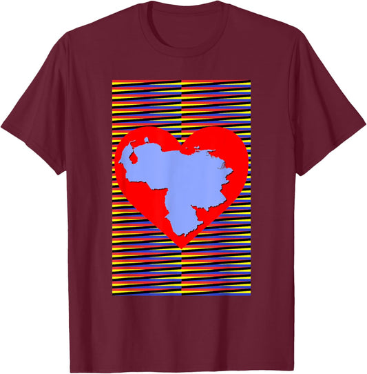 Venezuela map in heart, Venezuelan Chromatic Background Art T-Shirt - T-Shirt | Maroon