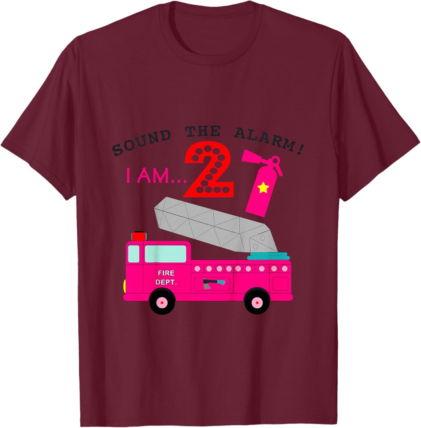 Pink Fire Truck for Girls 2 Years Old Second Birthday Party T-Shirt - T-Shirt | Maroon