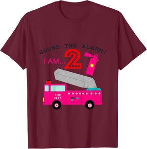 Pink Fire Truck for Girls 2 Years Old Second Birthday Party T-Shirt - T-Shirt | Maroon