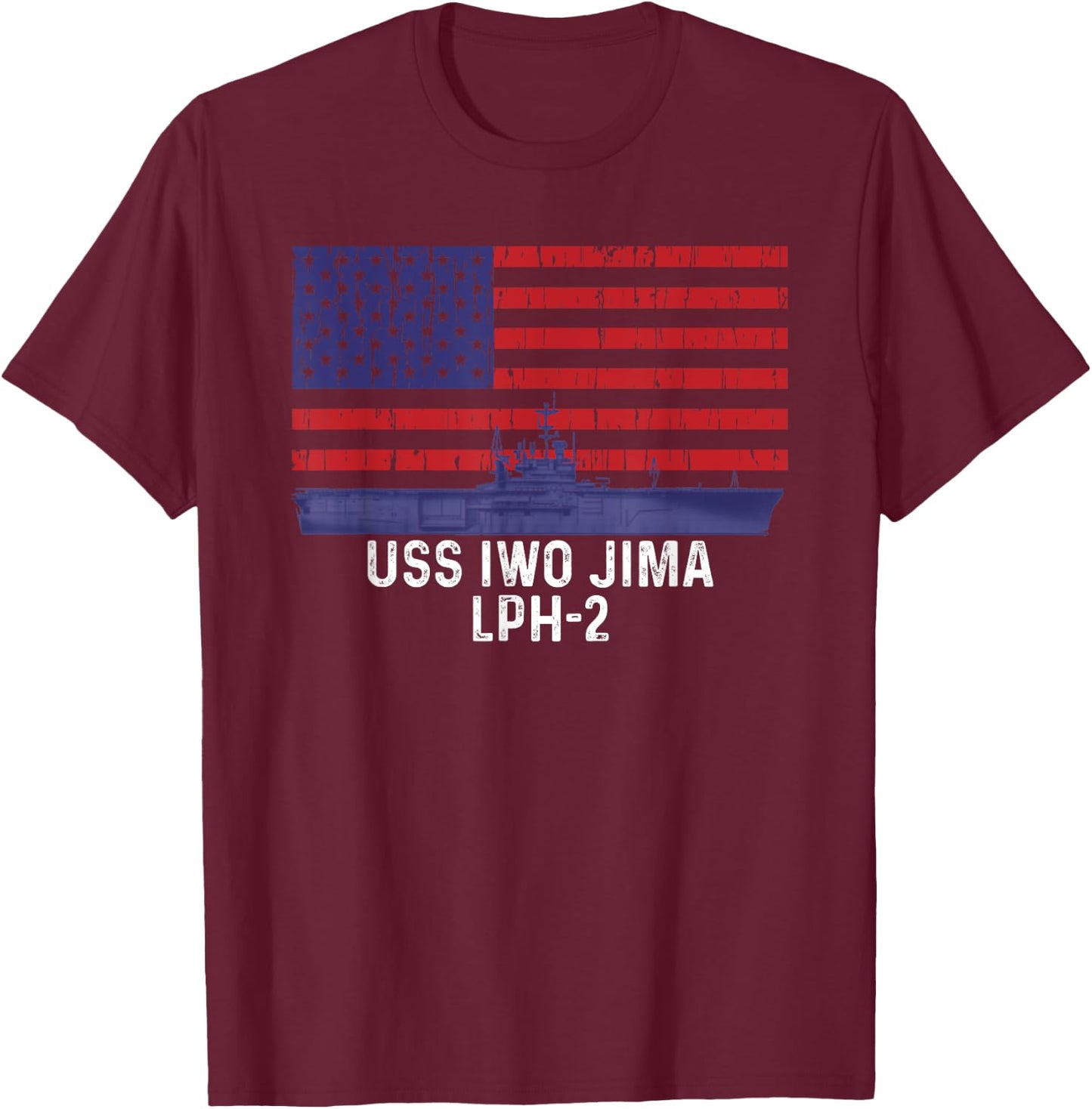 USS Iwo Jima LPH-2 Ship Vintage American Flag T-Shirt - T-Shirt | Maroon