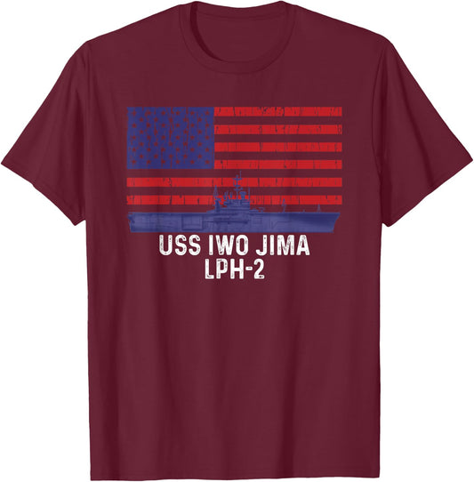 USS Iwo Jima LPH-2 Ship Vintage American Flag T-Shirt - T-Shirt | Maroon