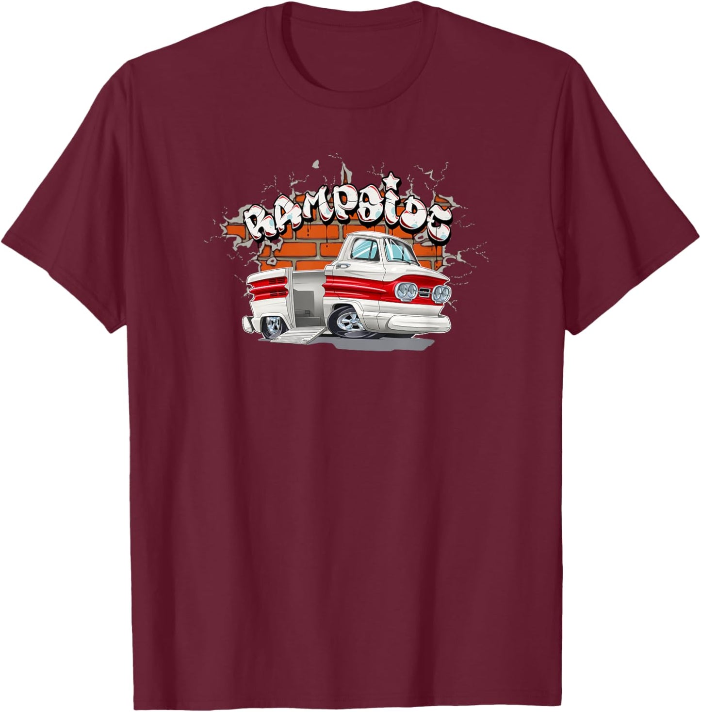 Corvair Rampside Pickup Truck Cartoon Graffiti Brick Wall T-Shirt - T-Shirt | Maroon