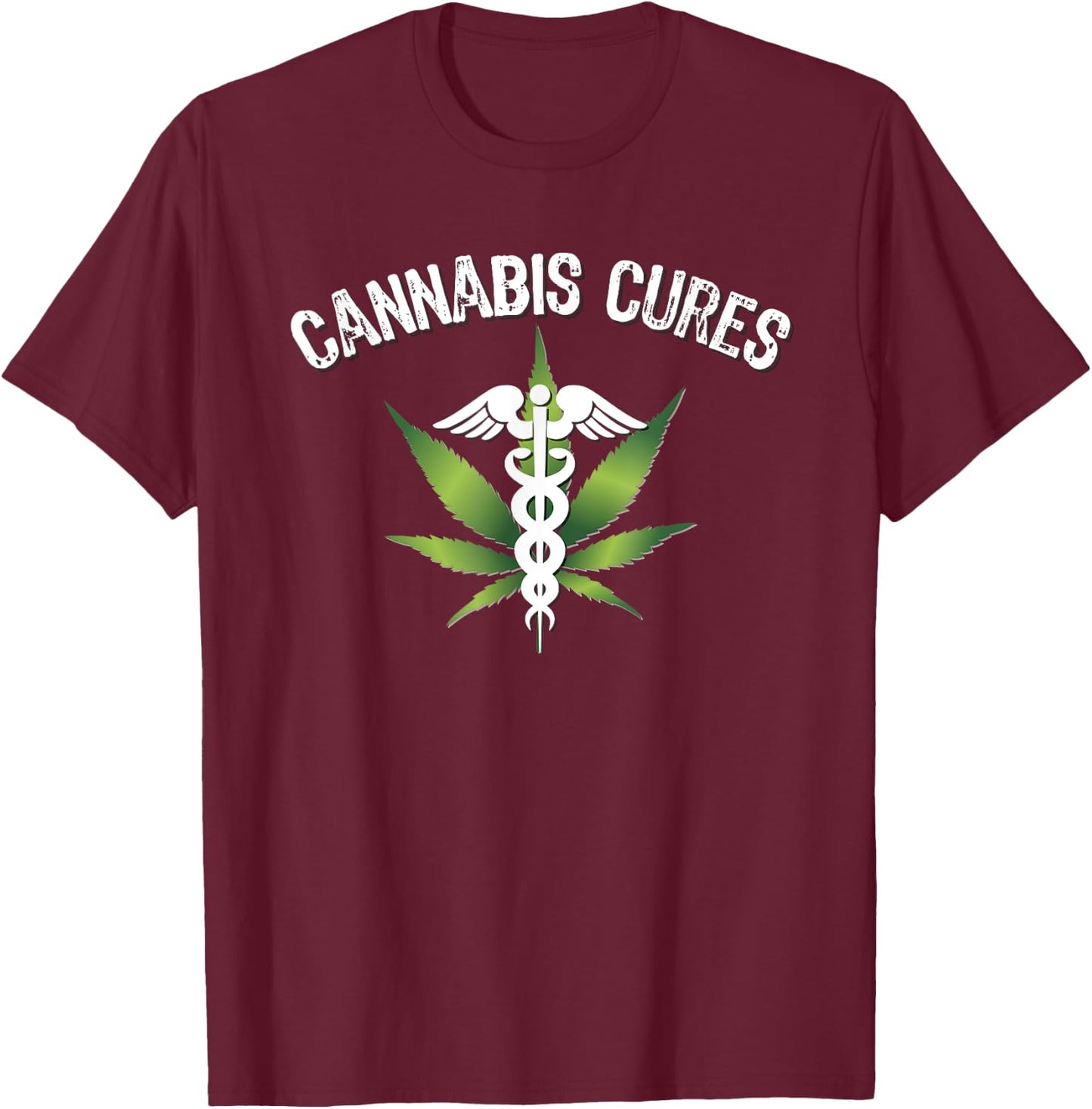 Prime Shirt Shop Stoner Cannabis Cures Medical Marijuana Leaf Graphic Adult - Black, Small T-Shirt - T-Shirt | Maroon