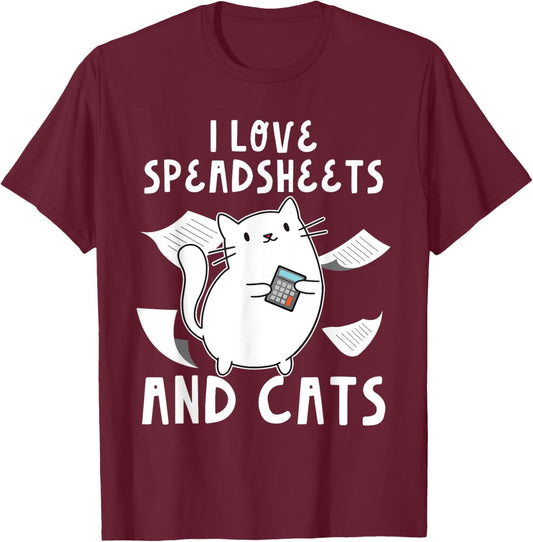 Accountant Bookkeeping Funny I Love Spreadsheets And Cats T-Shirt - T-Shirt | Maroon