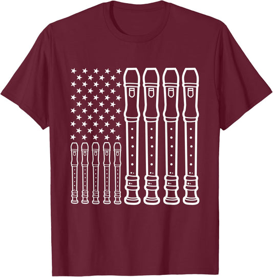 Recorder Player Musical Instrument American Flag T-Shirt - T-Shirt | Maroon