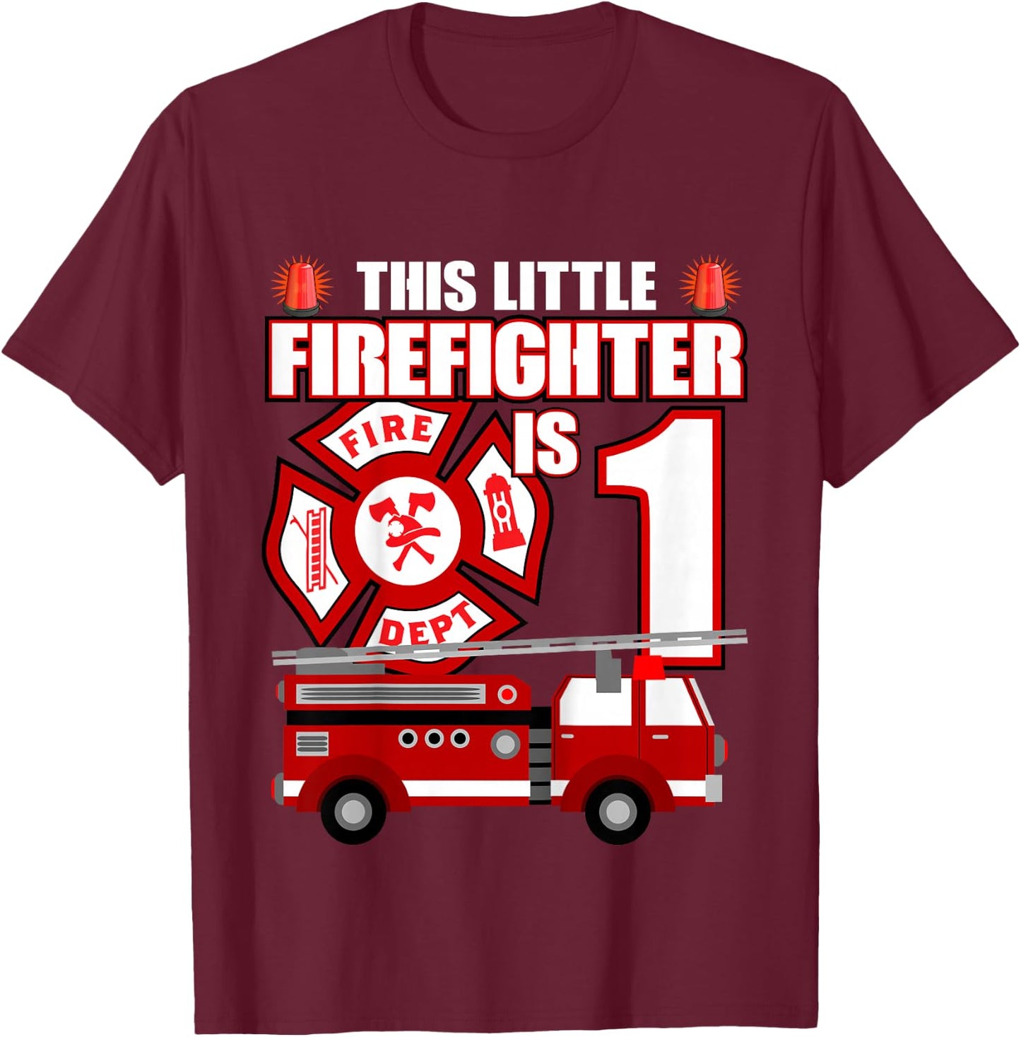 1 Year Old Firefighter Birthday Party Fire Truck 1st Gift T-Shirt - T-Shirt | Maroon