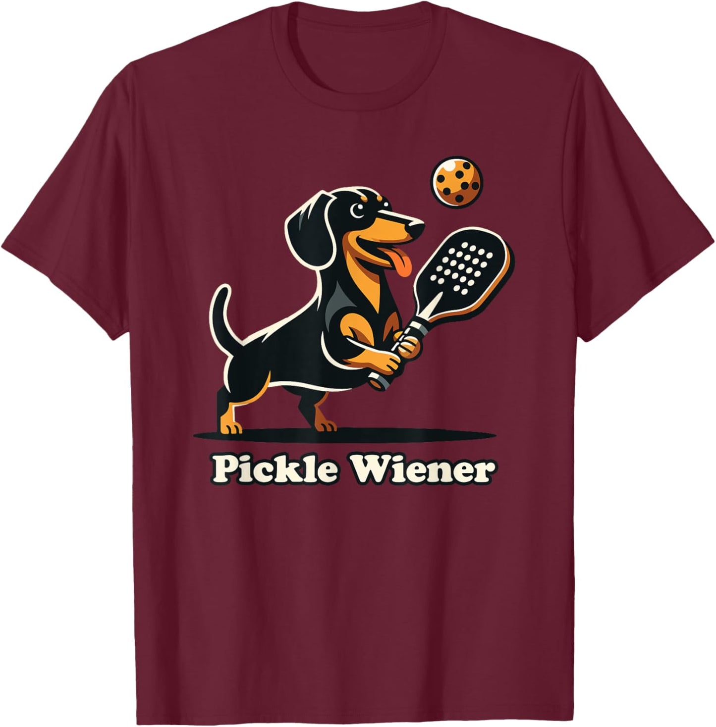 Dog Playing Pickleball Pickle Wiener Dog Dachshund Funny T-Shirt - T-Shirt | Maroon