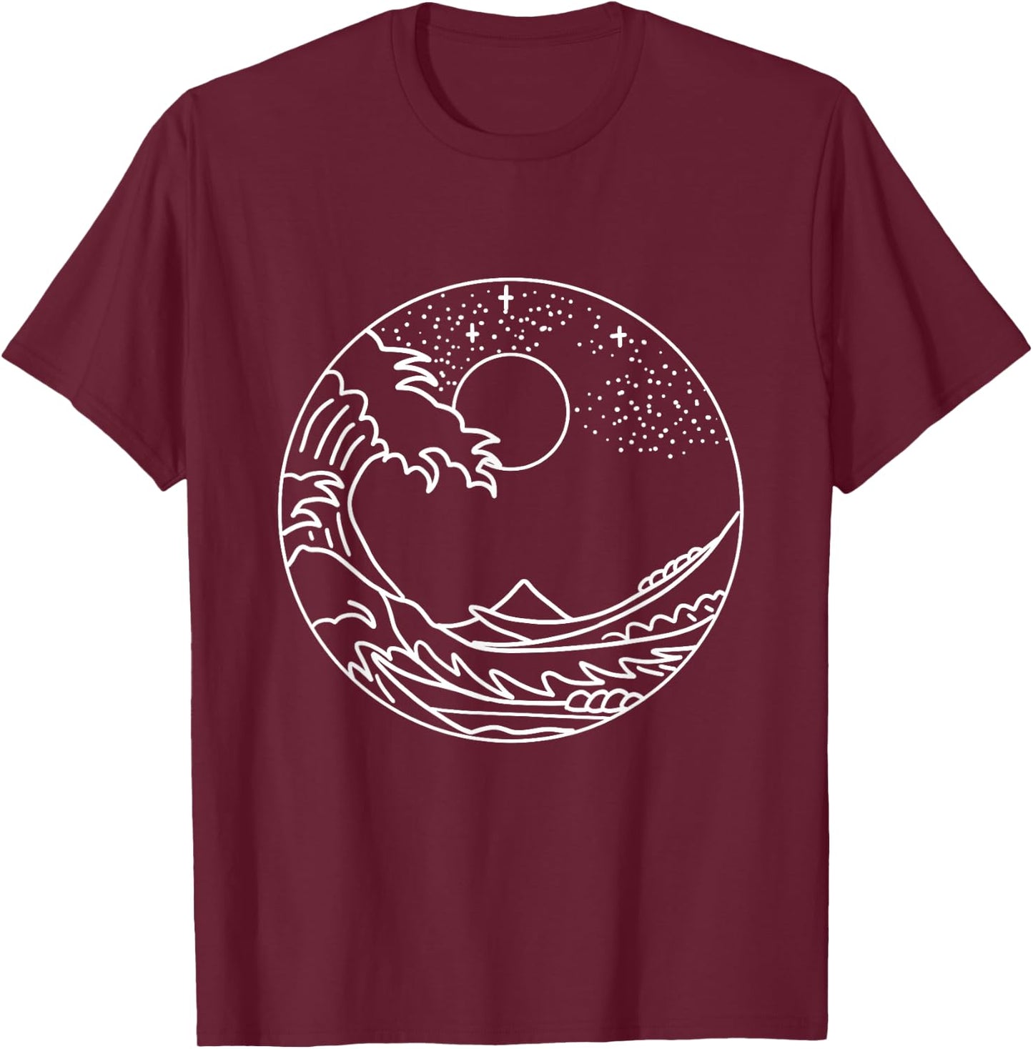 The Great Wave Off Kanagawa Minimal Line Art Nature Gift T-Shirt - T-Shirt | Maroon