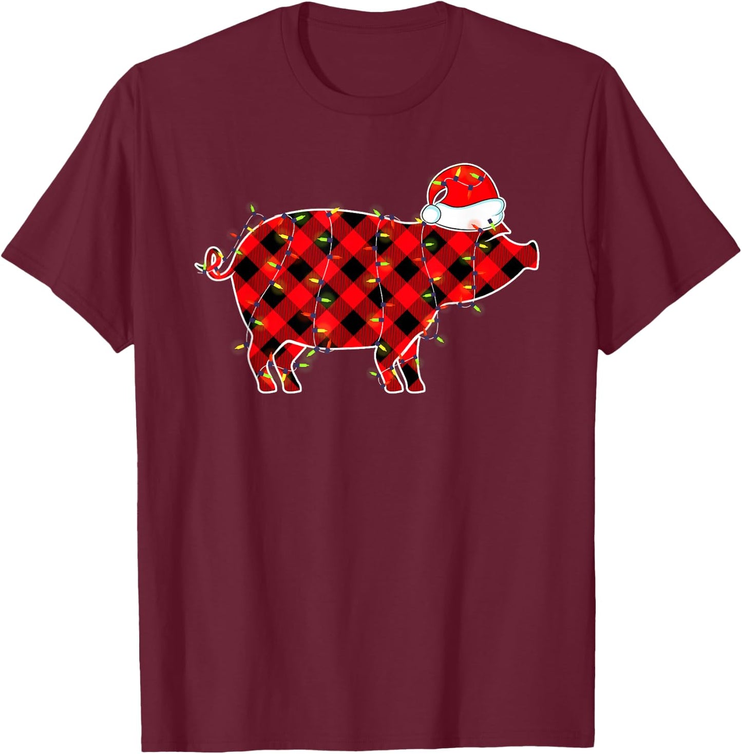 Red Plaid Pig Christmas Lights Pajamas Adult Kids T-Shirt - T-Shirt | Maroon
