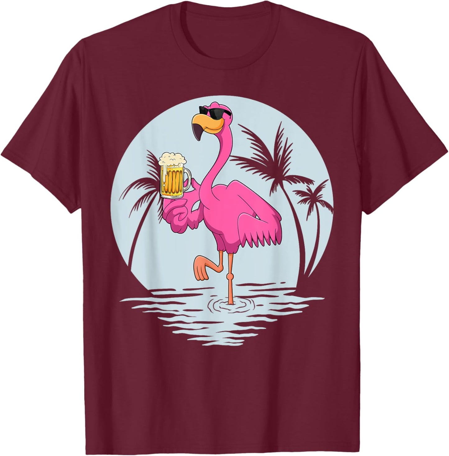 Funny Pink Flamingo Bird With Mug Of Beer Summer Vacation T-Shirt - T-Shirt | Maroon
