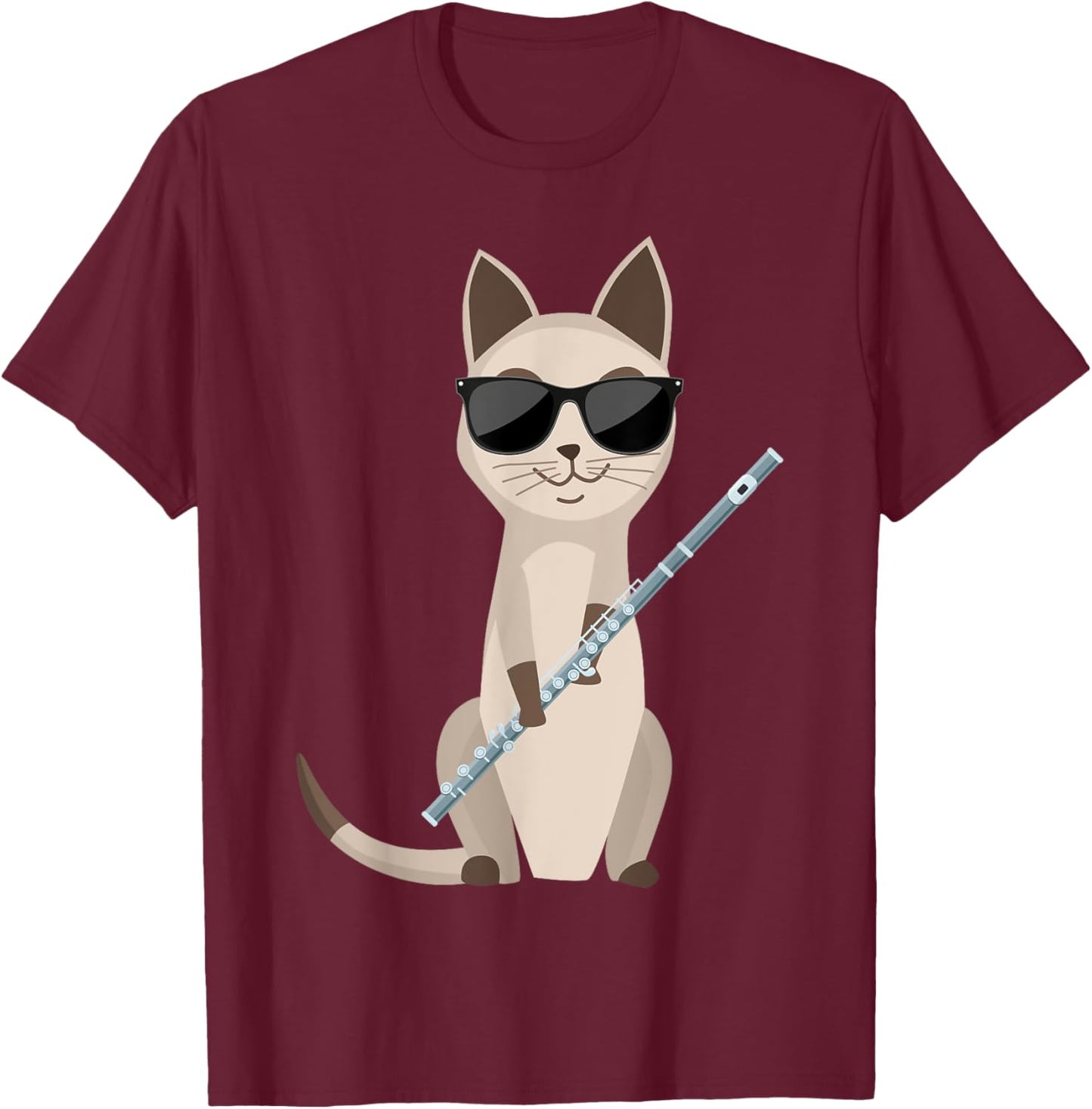 Funny Cat Wearing Sunglasses Playing Flute Flutist Cat Women Girls Kids T-Shirt - T-Shirt | Maroon