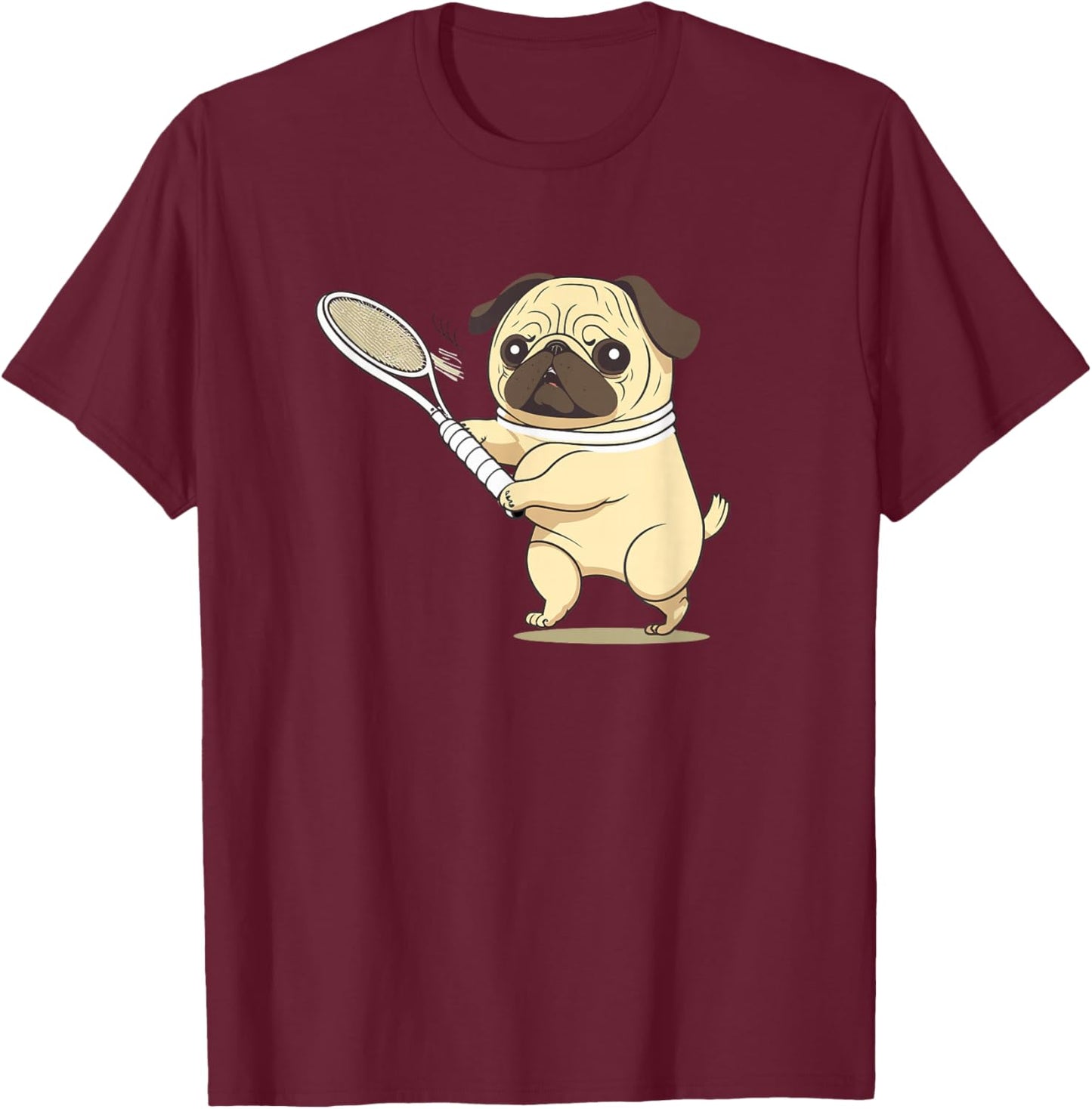 Pug Dog Playing Tennis T-Shirt - T-Shirt | Maroon