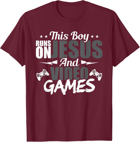 This Boy Runs On Jesus And Video Games Lover Gift Player T-Shirt - T-Shirt | Maroon