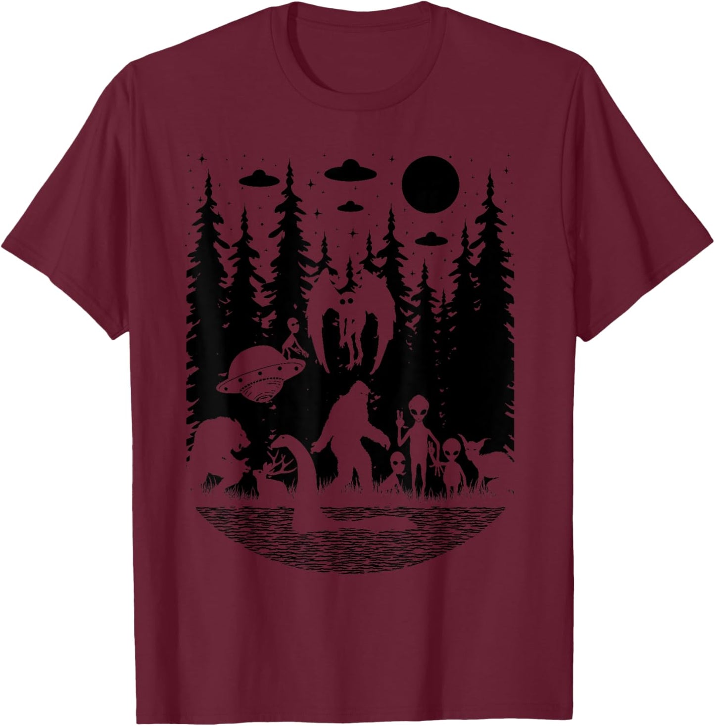 Bigfoot Loch Ness Monster Mothman And Aliens Funny Cryptid T-Shirt - T-Shirt | Maroon