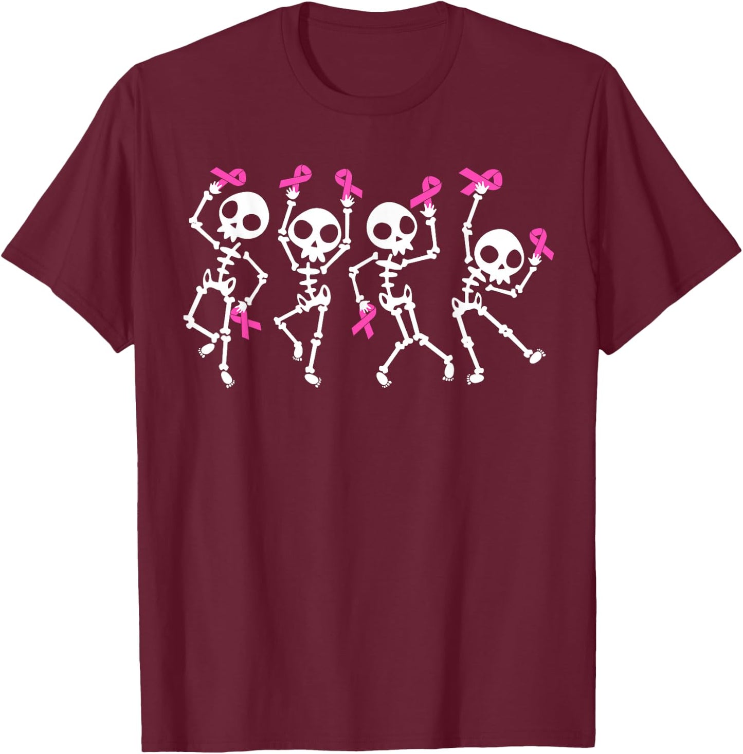 Pink Ribbon Breast Cancer Awareness Skeleton Women Men Kids T-Shirt - T-Shirt | Maroon