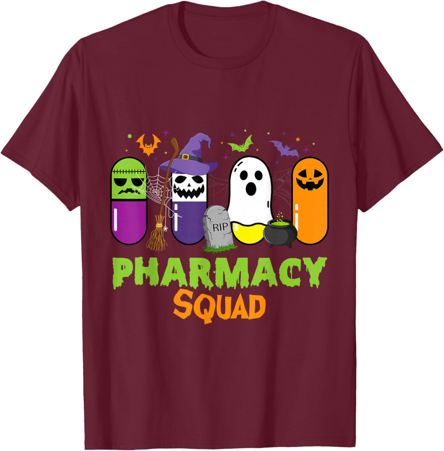 Funny Halloween Pills Pharmacy Squad Costume Pharmacist Tech T-Shirt - T-Shirt | Maroon