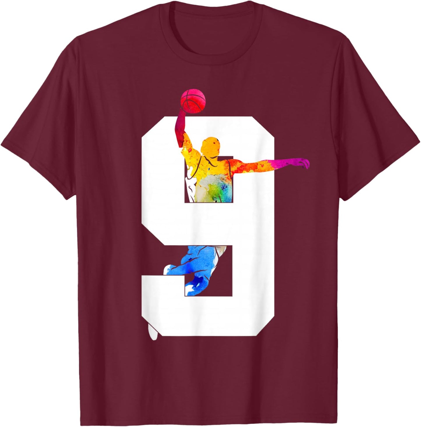 Number 9 Years Basketball 9th Birthday T-Shirt - T-Shirt | Maroon