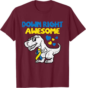 Kids Down Right Awesome Dino Down Syndrome Awareness Boys Kids T-Shirt - T-Shirt | Maroon