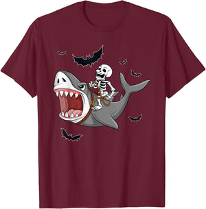 Skeleton Riding Shark Scary Halloween Boys Girls Kids T-Shirt - T-Shirt | Maroon