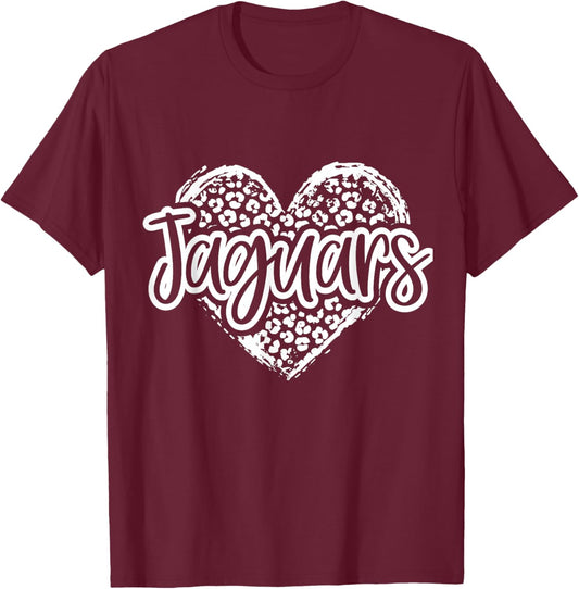 Leopard Cheetah Heart JAGUARS School Spirit Top Distressed T-Shirt - T-Shirt | Maroon