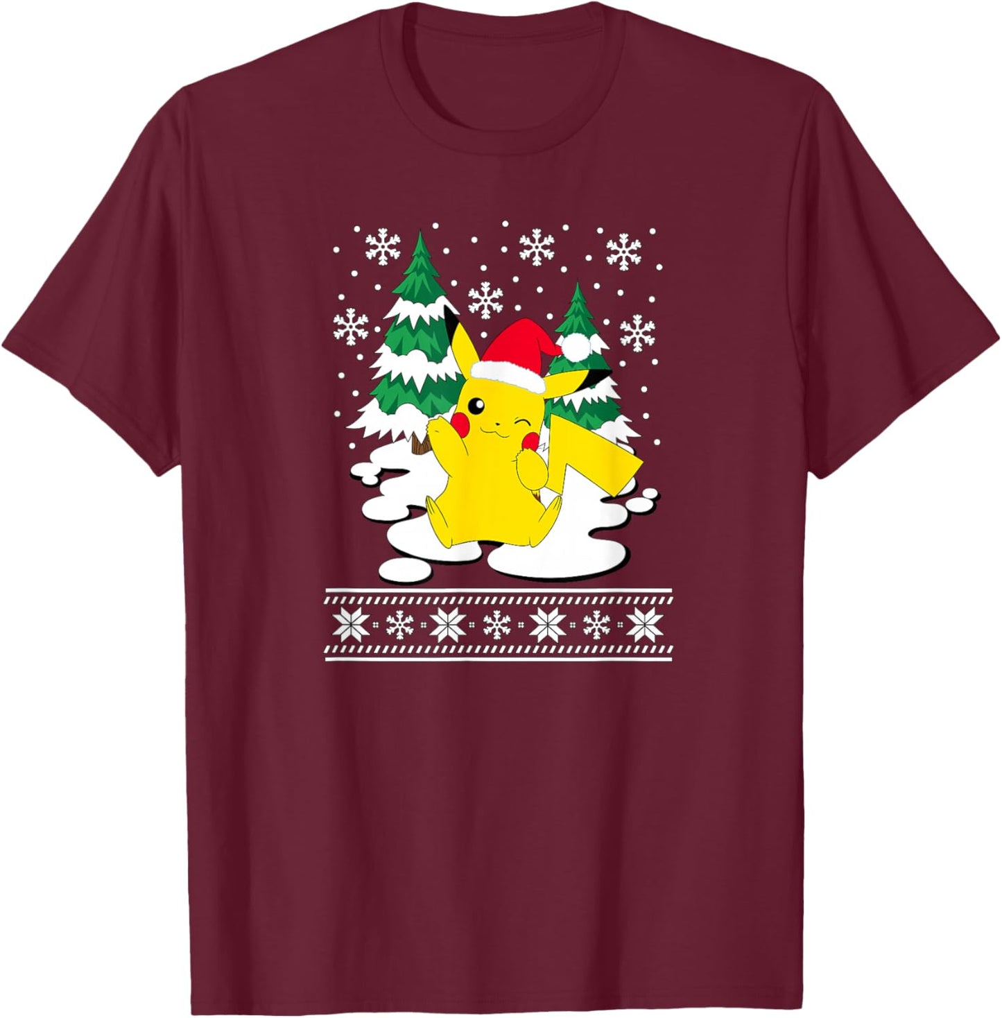 Pokémon - Pikachu Christmas Snowy Pattern T-Shirt - T-Shirt | Maroon
