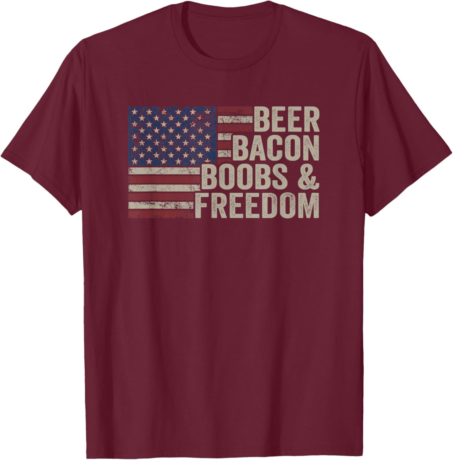 BEER BACON BOOBS & FREEDOM - Vintage USA Flag BBQ Drinking Men T-Shirt - T-Shirt | Maroon