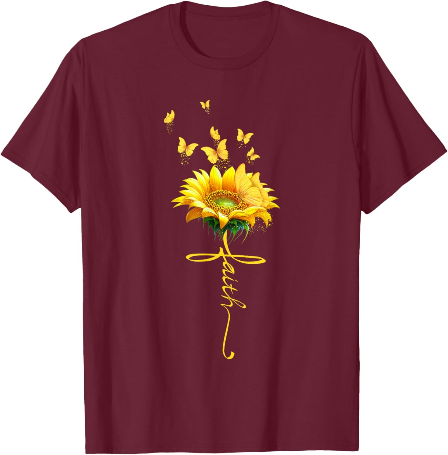 Faith Cross Sunflower Butterflies Flowers Christians T-Shirt - T-Shirt | Maroon