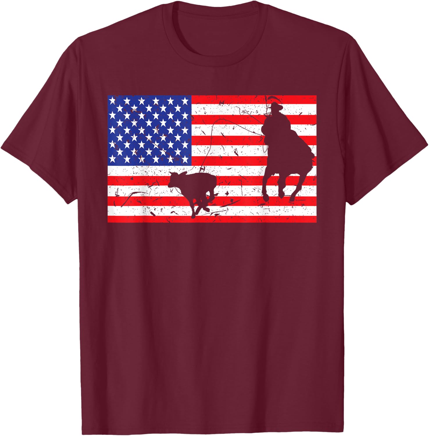 Distressed Roping USA American Flag Vintage Rodeo Calf Roper T-Shirt - T-Shirt | Maroon