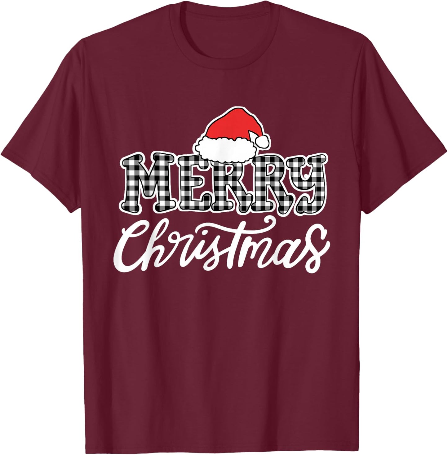 Merry Christmas Buffalo Black and White Plaid Men Women Kids T-Shirt - T-Shirt | Maroon