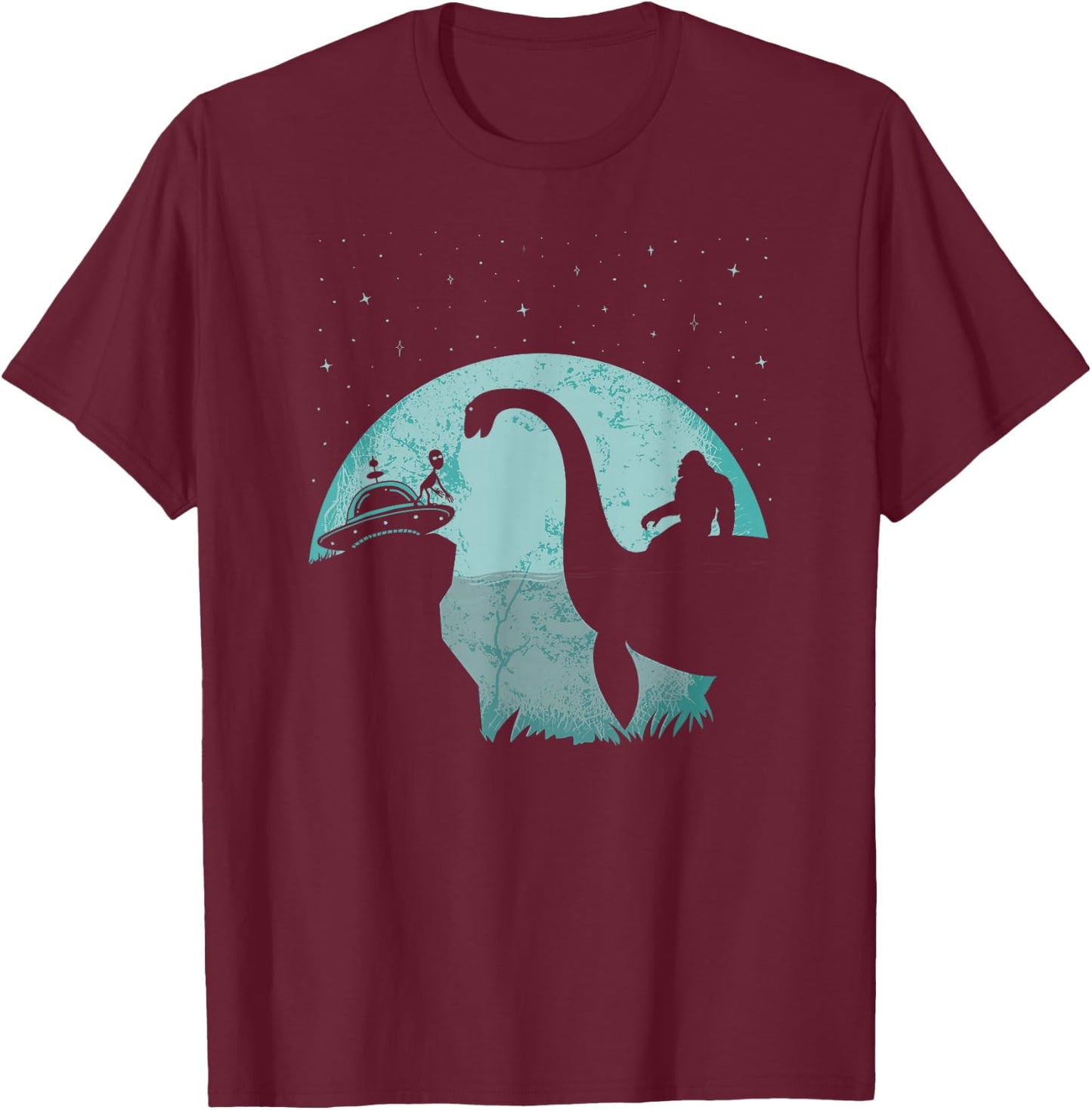 Bigfoot Riding Loch Ness Monster Sasquatch Ufo Abduction T-Shirt - T-Shirt | Maroon
