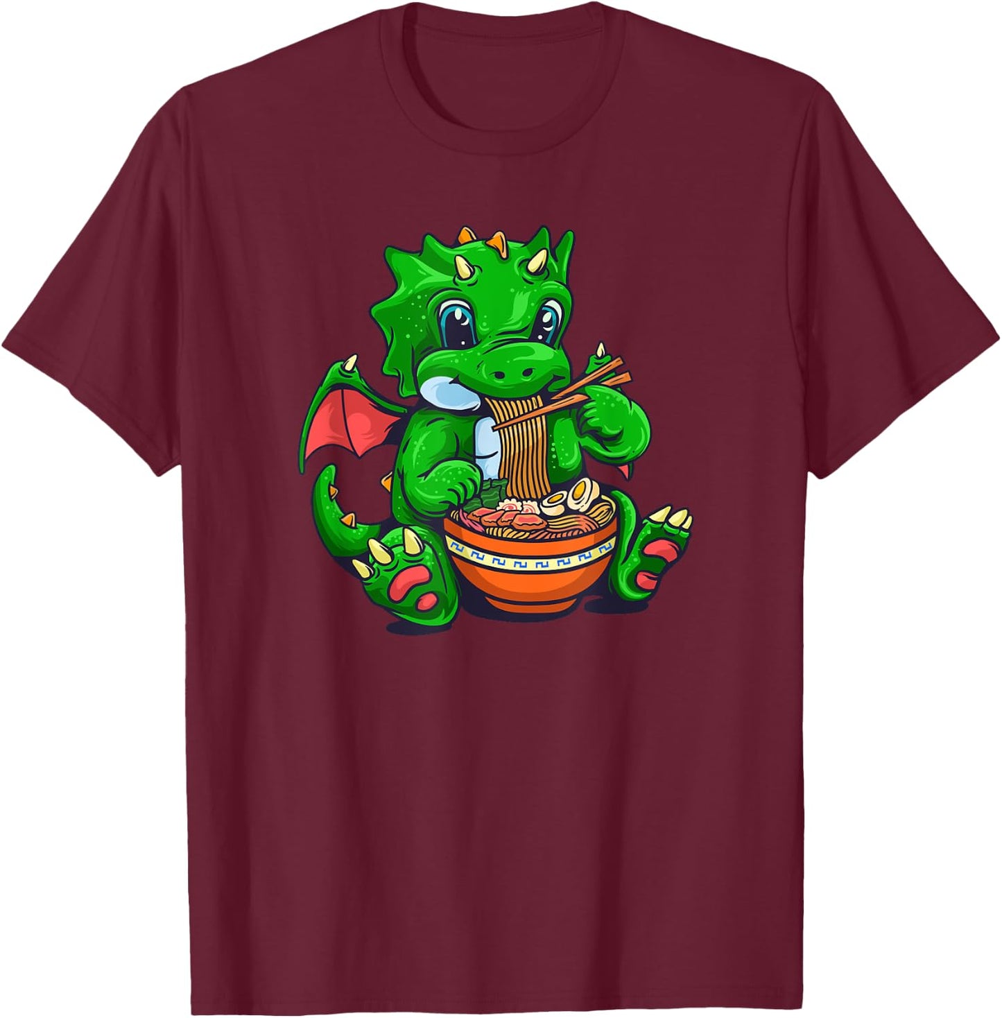 Kawaii Dragon Eating Ramen Noodles Anime T-Shirt - T-Shirt | Maroon