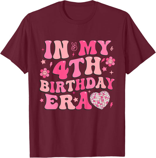 Kids Groovy In My 4th Birthday Era Four 4 Years Old Disco Heart T-Shirt - T-Shirt | Maroon
