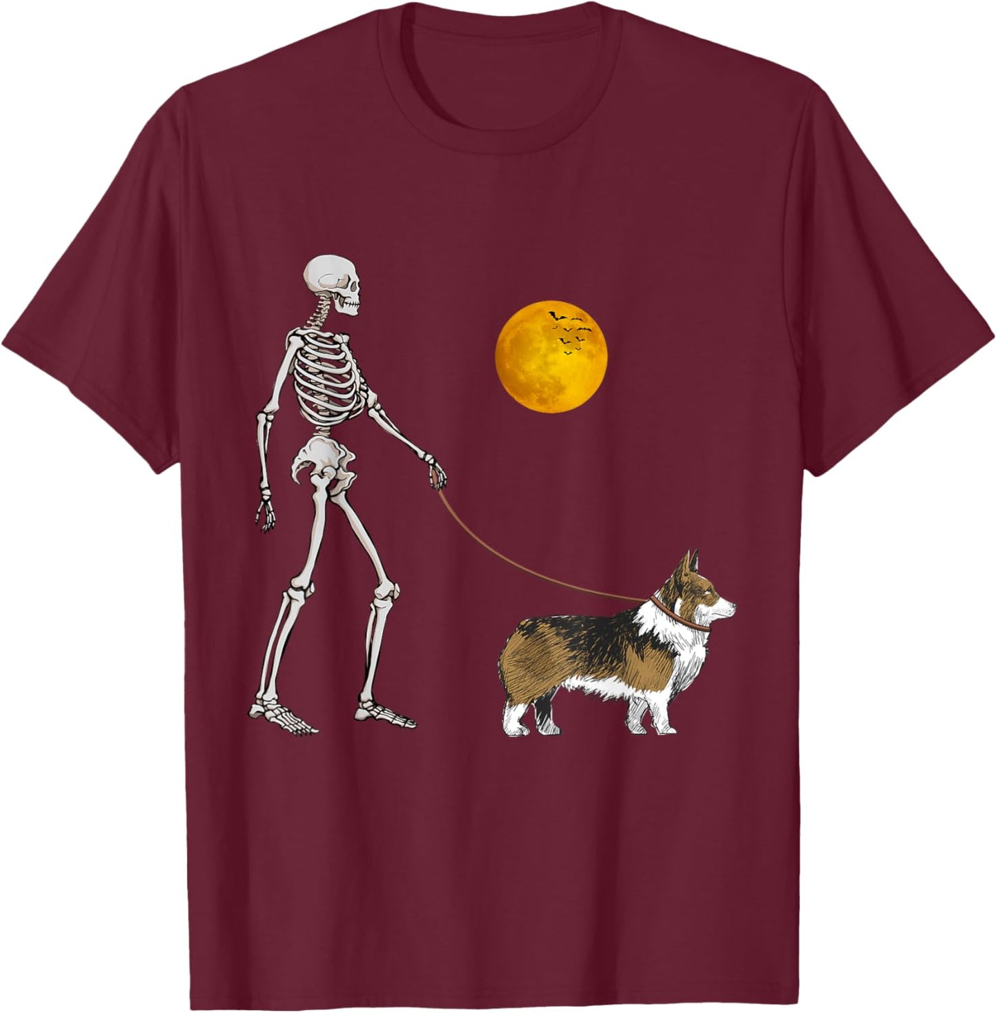 Pembroke Welsh Corgi Skeleton Dog Walking Halloween Costume T-Shirt - T-Shirt | Maroon