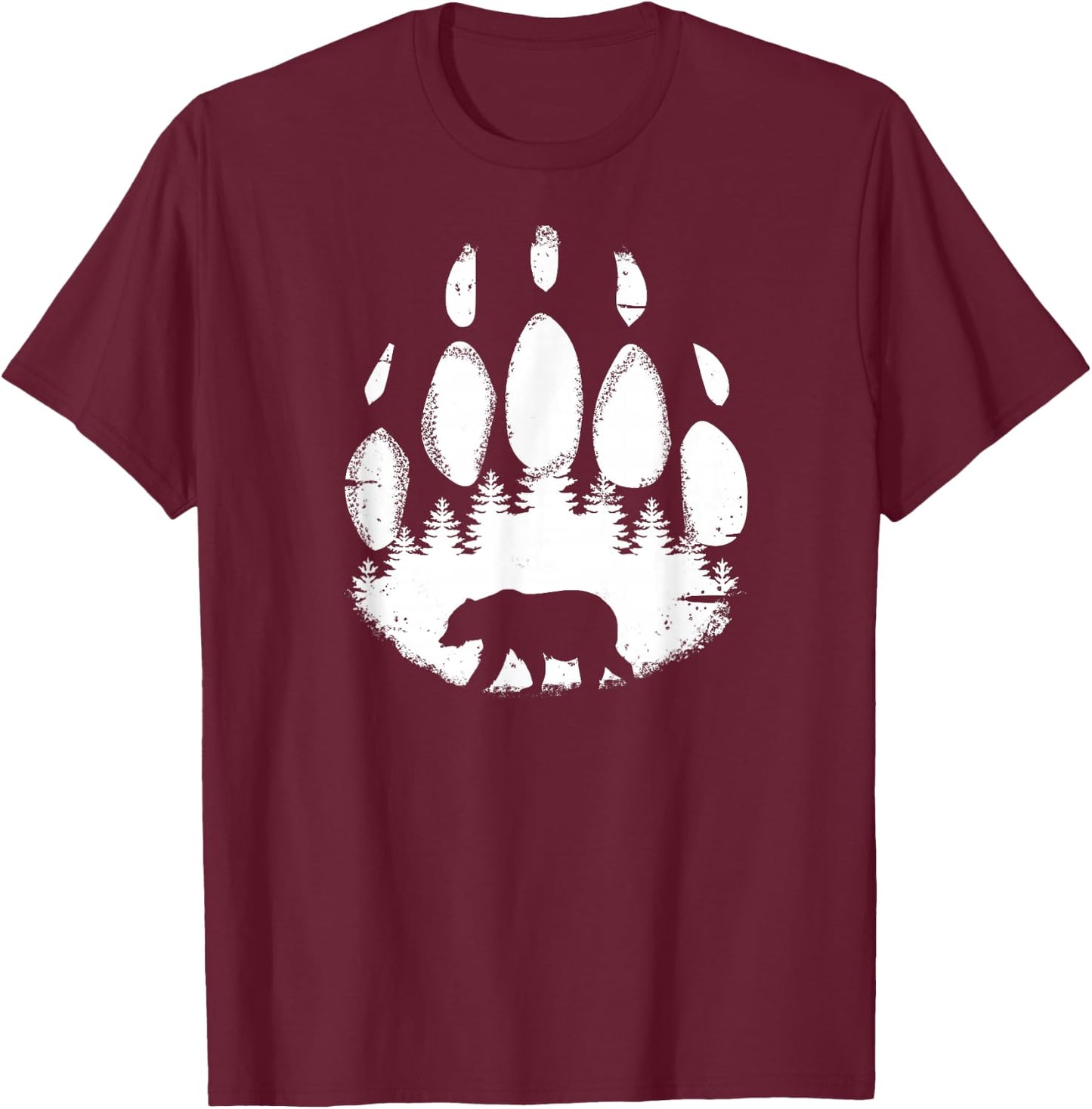 Bear Paw White Print Forest Animal Silhouette T-Shirt - T-Shirt | Maroon