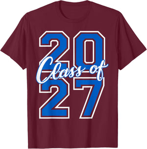 Class of 2027 Graduation Varsity Blue and White Letters T-Shirt - T-Shirt | Maroon