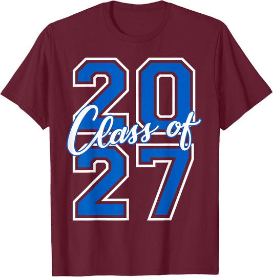 Class of 2027 Graduation Varsity Blue and White Letters T-Shirt - T-Shirt | Maroon