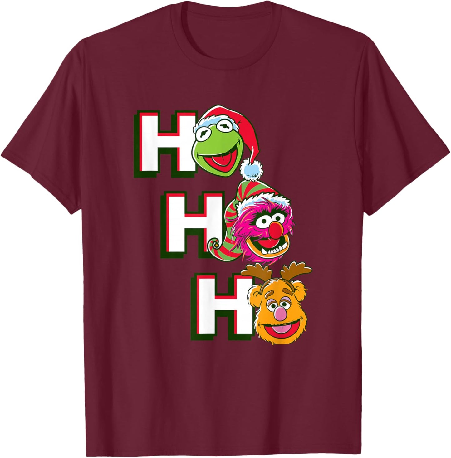 Disney The Muppets Christmas Kermit Animal Fozzie HO HO HO T-Shirt - T-Shirt | Maroon