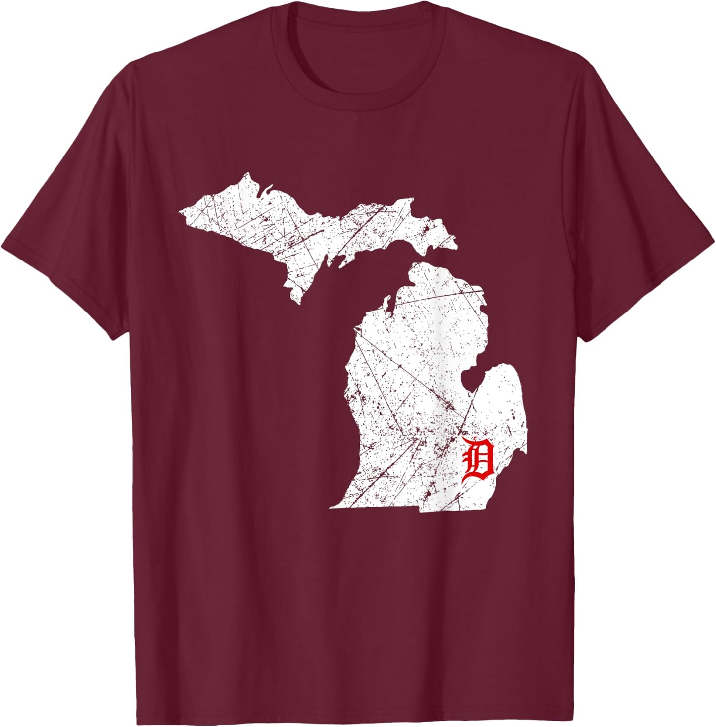 Detroit Michigan Map Lakes Letter D Nature Travel Motor City T-Shirt - T-Shirt | Maroon