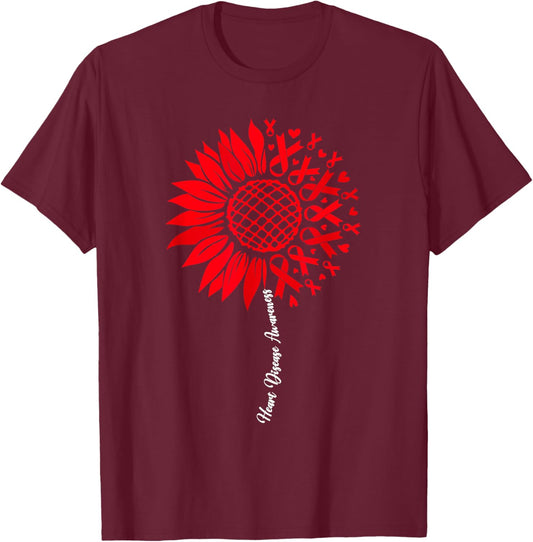 Heart Disease Awareness Month Sunflower Go Red T-Shirt - T-Shirt | Maroon