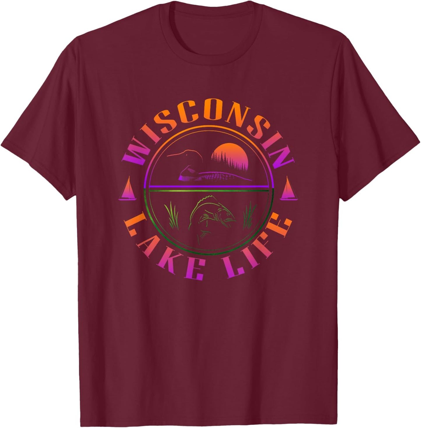 Wisconsin - Lake Life with Loon, Walleye, and Sunset T-Shirt - T-Shirt | Maroon