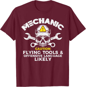 Mechanic Flying Tools Wrench Funny Car Auto Garage Men Dad T-Shirt - T-Shirt | Maroon