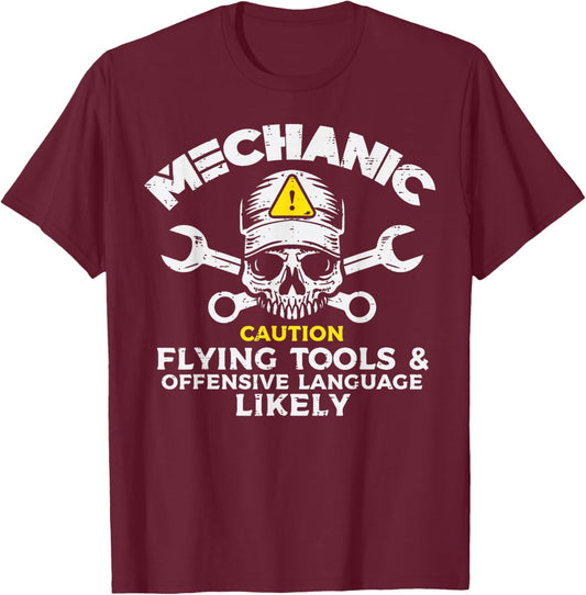 Mechanic Flying Tools Wrench Funny Car Auto Garage Men Dad T-Shirt - T-Shirt | Maroon
