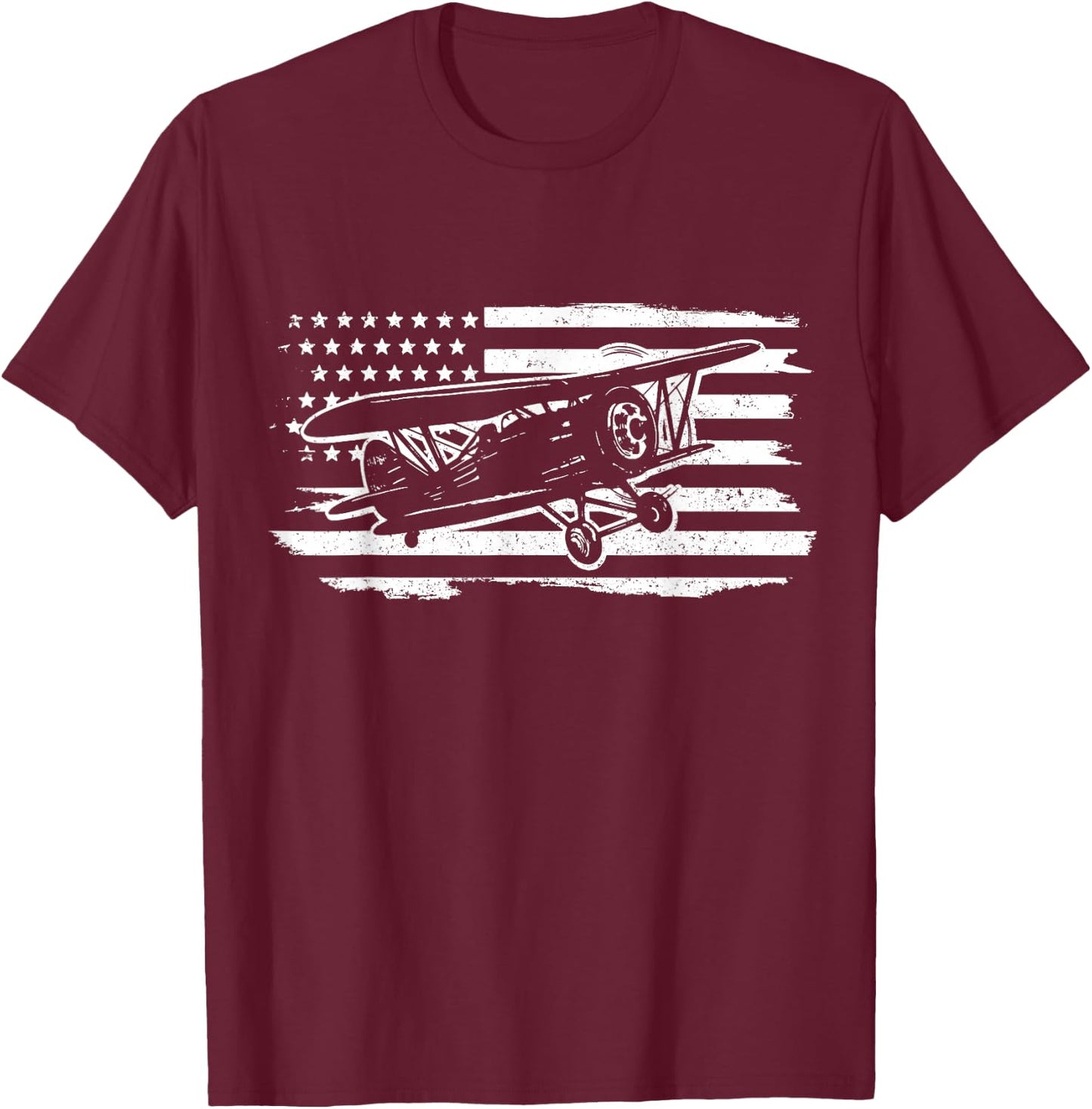 Airplane Pilot Vintage Patriotic Flag Biplane Plane Aviation T-Shirt - T-Shirt | Maroon