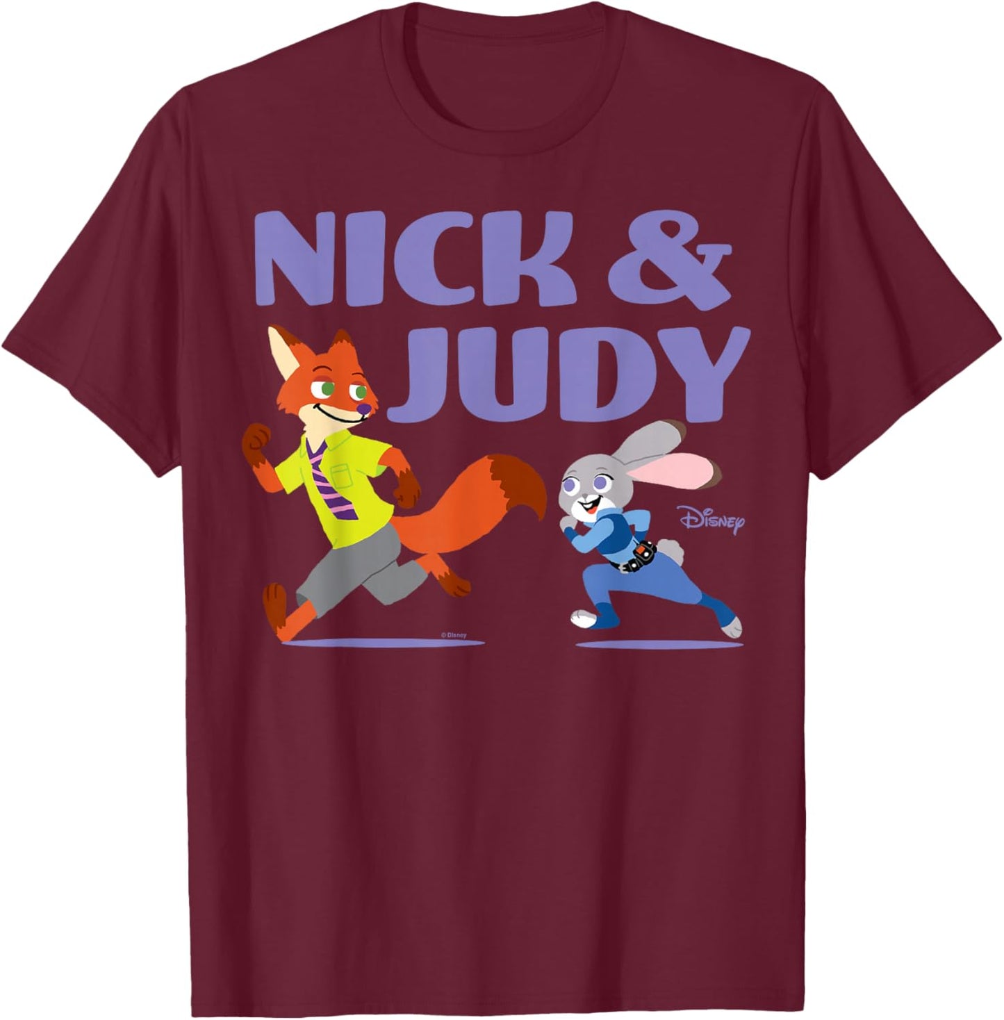 Zootopia - Nick And Judy Running Together T-Shirt - T-Shirt | Maroon