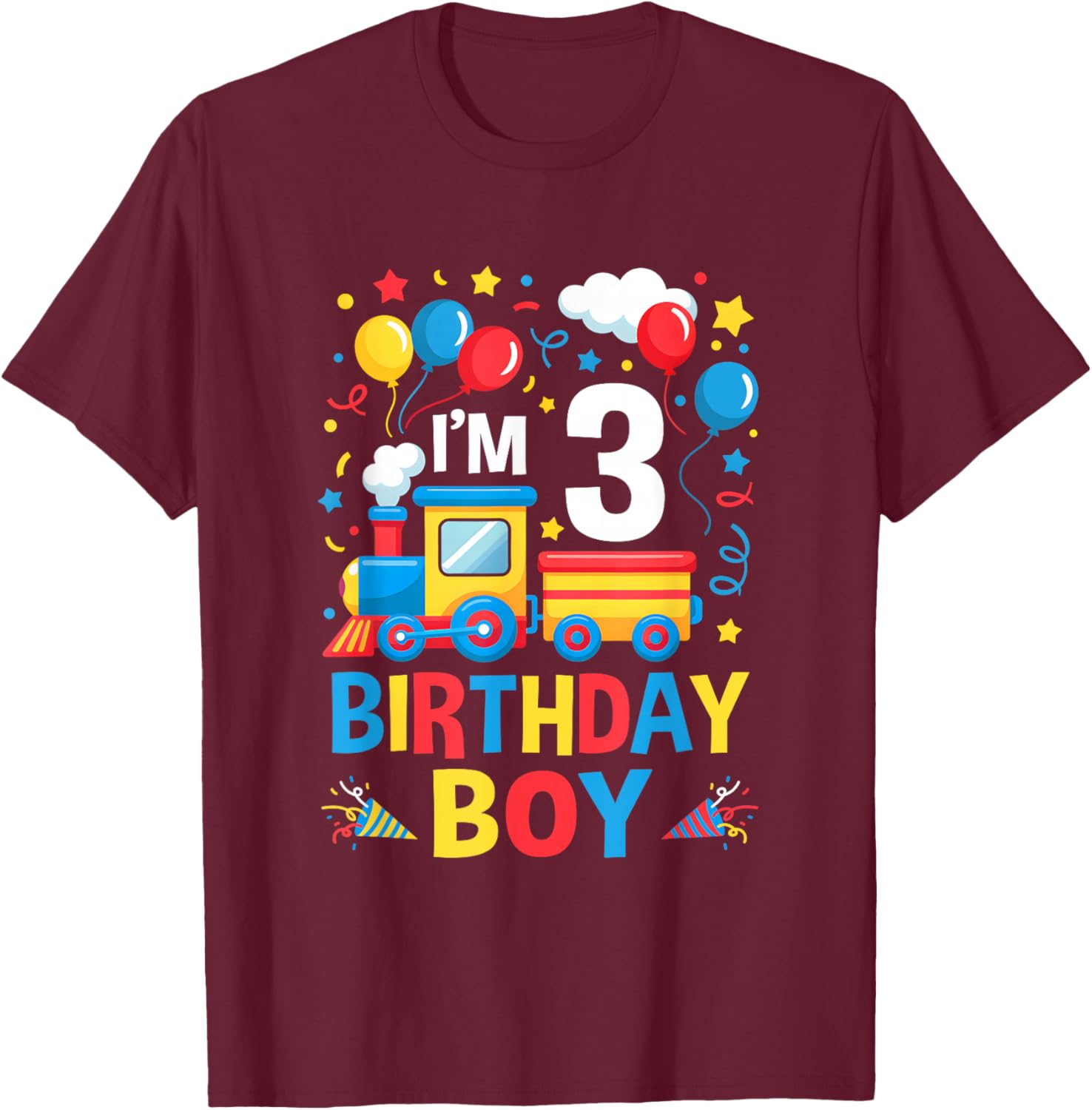 Three 3Yr 3Rd Kids Boys Girls Train Birthday Boy 3 Years Old T-Shirt - T-Shirt | Maroon