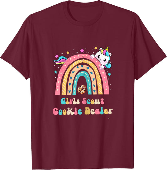 Scouts for Girls Cookie Dealer : Rainbow and Unicorn Design T-Shirt - T-Shirt | Maroon