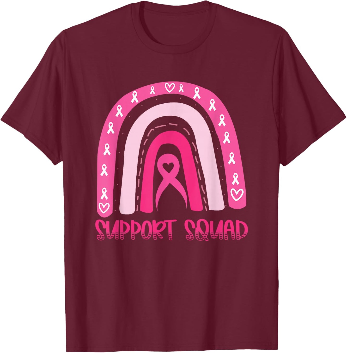Support Squad Pink Rainbow Ribbon Breast Cancer Awareness T-Shirt - T-Shirt | Maroon