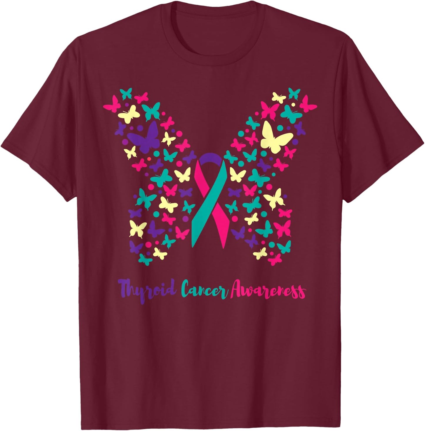 Thyroid Cancer Awareness Shirt, Butterfly Teal, Pink, Purple T-Shirt - T-Shirt | Maroon
